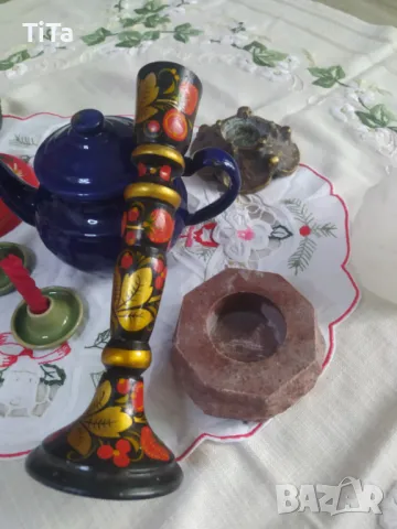 Хохлома, ръчно рисуван дървен свещник , снимка 5 - Антикварни и старинни предмети - 49024749