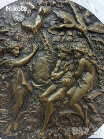 Антикварна масивна бронзова релефна плоча-барелеф изобразяваща Адам Ева, снимка 2 - Антикварни и старинни предмети - 53122373