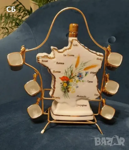 Френска сувенирна бутилка с мини чашки и троен сет от костен порцелан, снимка 9 - Декорация за дома - 48939817