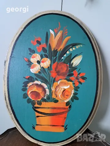 дървено изрисувано с маслени бои пано за стена с цветя 10/3, снимка 2 - Пана - 48929582