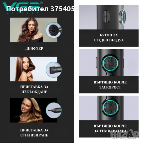 Професионален сешоар VGR с BLDC мотор 110 000 RPM – Йонна технология и дифузер, снимка 5 - Сешоари - 53099320