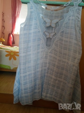 Лятна светлосиня блуза туника без ръкав с пеперуди, снимка 6 - Туники - 33048919