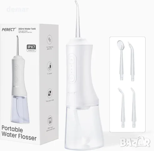 PERECT зъбен душ, 300 мл, 3 режима, 4 сменяеми накрайника, акумулаторен иригатор за устна кухина