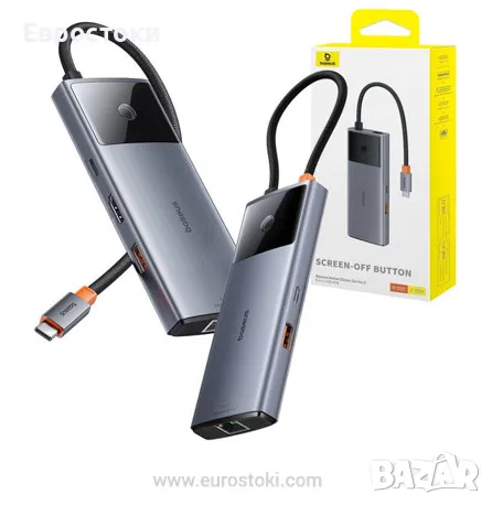 Хъб USB-C 6-в-1 Baseus Metal Gleam 2 Series, 2 x USB 3.0 + USB-C + HDMI + USB-C PD + Ethernet RJ45, снимка 1 - Кабели и адаптери - 48273441