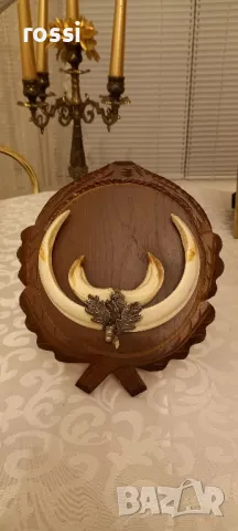 Красив немски трофей диво прасе. Не използван. Резбована трофейна поставка. Документ.