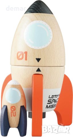 Дървена космическа дуо играчка със скрита мини ракета за малки деца, снимка 1 - Влакчета, самолети, хеликоптери - 43216656
