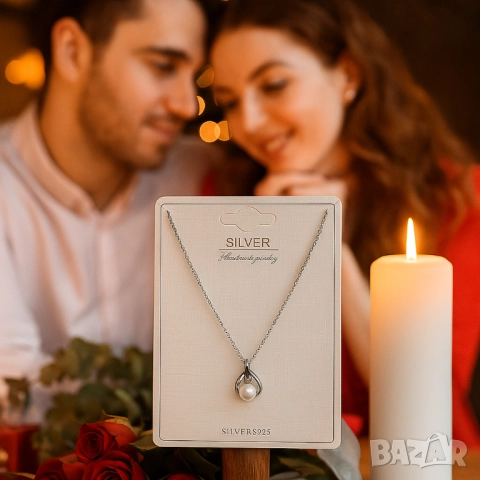 Елегантно сребърно колие с перлена висулка, снимка 5 - Колиета, медальони, синджири - 51926428