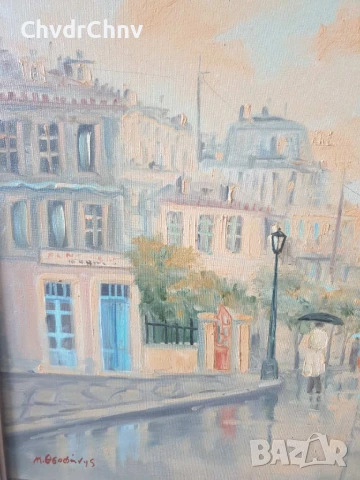 99х79см/голяма гръцка картина масло върху платно/градски пейзаж-трамвай-дъжд/дървена рамка, снимка 5 - Картини - 51177481