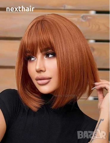 Плътна кафява перука на черта с бретон, снимка 1