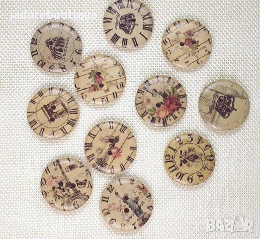 Дървени копчета кръгли Шаби шик часовници - 6 бр /комплект