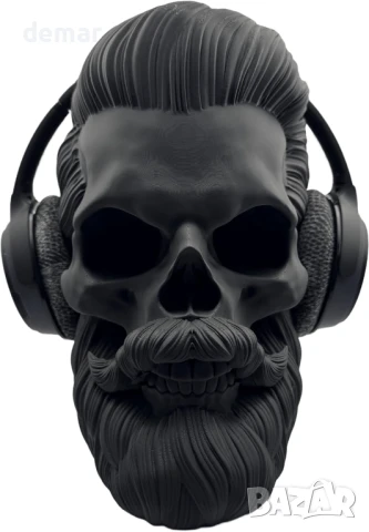 Готическа стойка за слушалки с дизайн на череп с брада, матово черно покритие, снимка 2 - Слушалки и портативни колонки - 50602030
