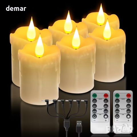6 броя восъчни акумулаторни LED свещи топло бели, дистанционно управление, за домашен декор