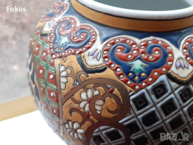 Голяма стара антикварна ваза Сатцума Satsuma рисувана релеф, снимка 7 - Антикварни и старинни предмети - 53445252
