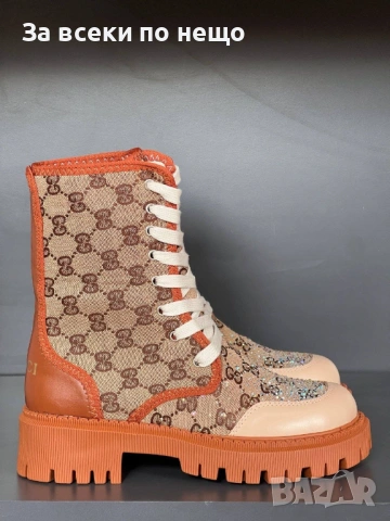 Gucci Дамски Бежови Зимни Боти С Връзки Гучи Код E1175, снимка 6 - Дамски боти - 53226873