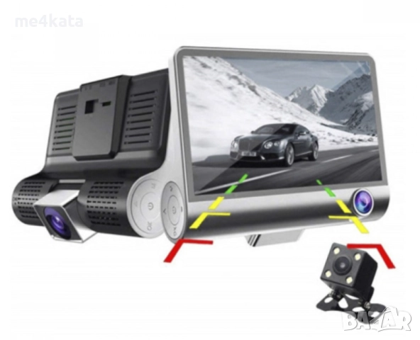 Видеорегистратор Full HD 1080P с 3 Камери и 4 Дисплей – Предна, Задна и Вътрешна Камера, Нощно Вижда, снимка 3 - Аксесоари и консумативи - 52732658