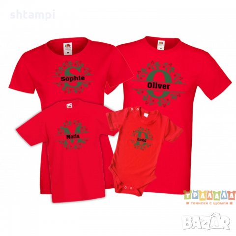 Персонализирани Коледни тениски с имена Коледен венец, снимка 3 - Тениски - 35072702