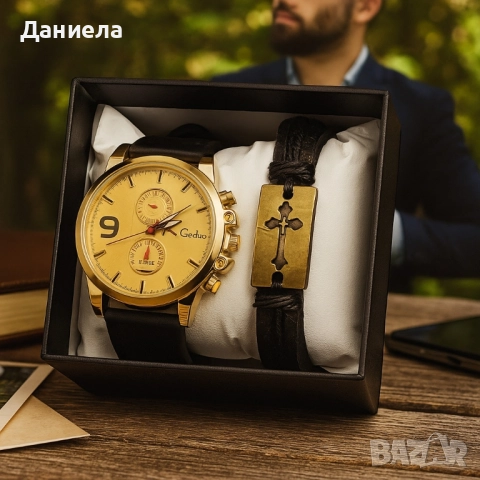 Мъжки комплект Geduo – елегантен часовник със златист циферблат и кожена гривна в подаръчна кутия, снимка 2 - Мъжки - 51933097