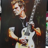 Billy Duffy с Gibson “Woody” Les Paul Prototype #1-метална табела(плакет) , снимка 1 - Китари - 39040866