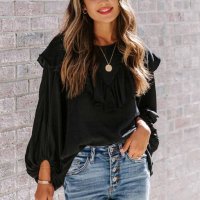 Дамска блуза в черно с дълъг ръкав и къдрички, снимка 1 - Блузи с дълъг ръкав и пуловери - 40698207