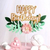 Happy Birthday с клонка листа и цвете картонен брокатен топер украса за торта рожден ден табела , снимка 1 - Други - 33597160