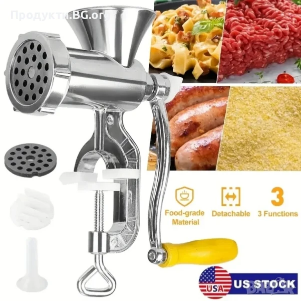 Ръчна месомелачка с дървена дръжка и настолни скоби – без електричество, снимка 1