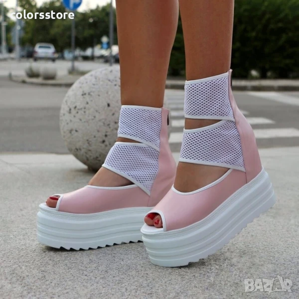 Летни боти на платформа - пудра кожа с бяло ходило - LB70 ., снимка 1