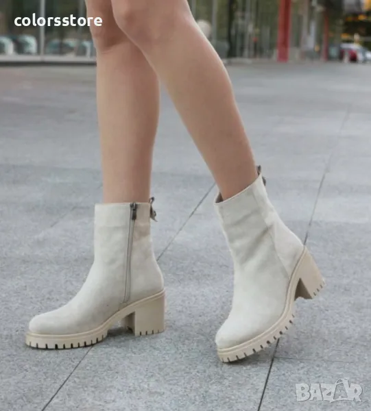 Боти на ток - бежов велур - BTNM90, снимка 1