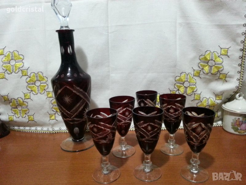 Цветен червен кристал чаши с гарафа, снимка 1