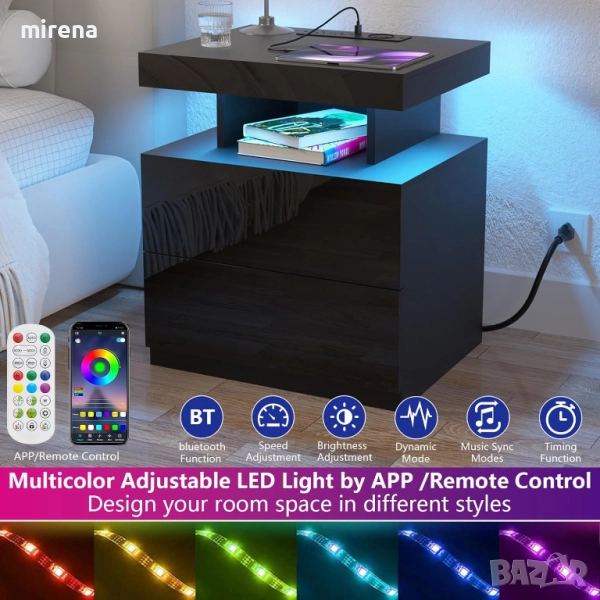 Нощно шкафче лед LED 2 контакта, 2 USB портове, модерно нощно шкафче, снимка 1