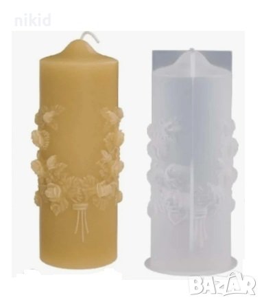 висок Цилиндър с венец розички силиконов молд форма за свещ гипс декор украса, снимка 1