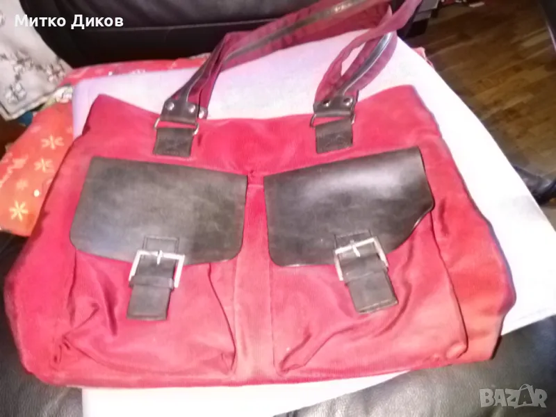 Женска чанта промазан плат бордо 37х27х7см, снимка 1