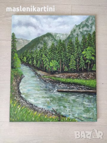 Маслена картина горски пейзаж Река в Рила , снимка 4 - Картини - 28797337