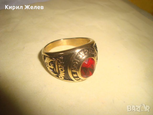 АМЕРИКАНСКИ КОЛЕЖАНСКИ РЯДЪК ПОЗЛАТЕН ПРЪСТЕН от БЛАГОРОДНА СТОМАНА с ФАСЕТИРАН РУБИН 17127, снимка 12 - Пръстени - 33050249