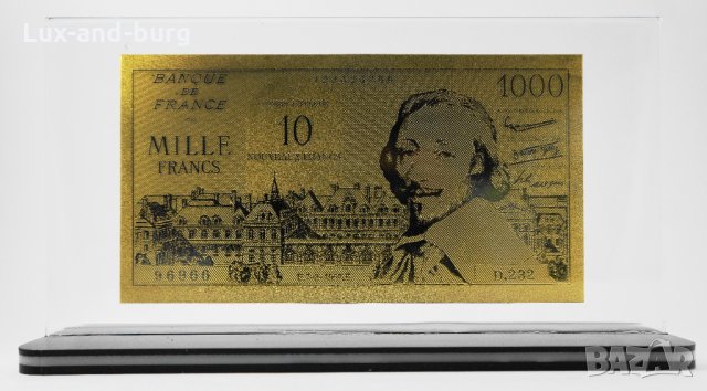 Златна банкнота 1000 Френски Франка (10 нови) в прозрачна стойка - Реплика, снимка 1 - Нумизматика и бонистика - 27080449