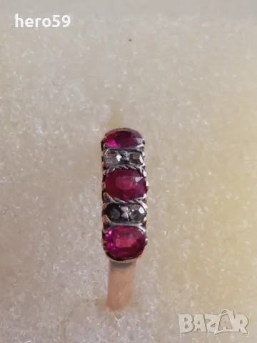 Стар златен 14к дамски пръстен с натурални рубини и диаманти, снимка 4 - Пръстени - 49116396