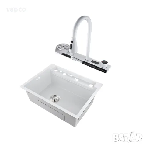 60см Бяла мултифункционална кухненска мивка с двоен водопад, снимка 6 - Мивки - 49377991