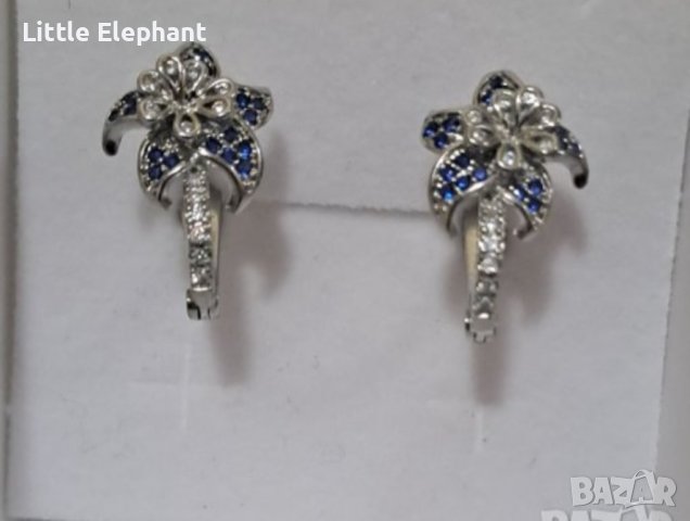 Сребърни обеци колекция"Plum flowers"/,цветя dark blue с кристали/нови