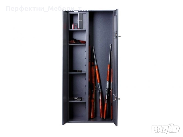 2крилен метален гардероб сейф,каса за до 5 пушки,с касово отделение за боеприпаси и рафтове