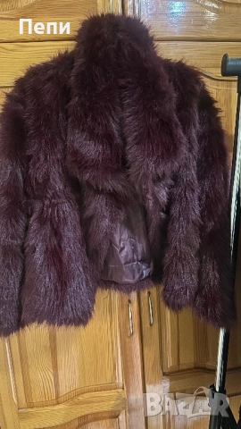 Дамско пухено палто в цвят бордо