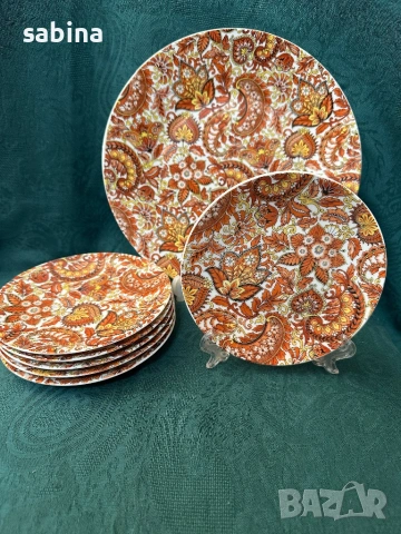 ✨ Винтидж комплект Rosenthal (Розентал, Германия) – плато и 6 чинии с рядка пейсли (кашмирена) шарка