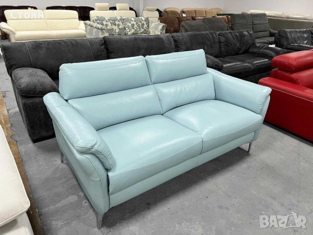 Светло син кожен диван голяма двойка - естествена кожа, снимка 2 - Дивани и мека мебел - 39719208