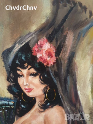 Jose Ramon 78x67см/испанска картина масло върху платно/женски портрет/дървена рамка, снимка 3 - Картини - 50702197