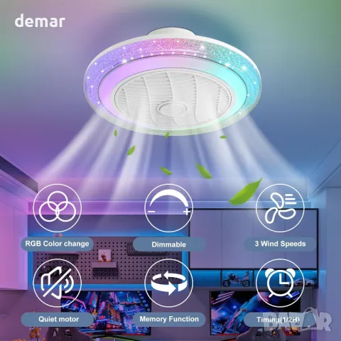 Вентилатор за таван със светлини RGB, 50 см модерен LED с дистанционно, 3 скорости, бял, снимка 2 - Лед осветление - 47411594
