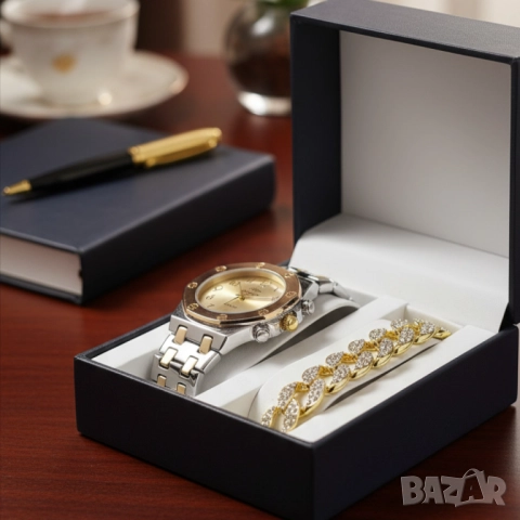 Модерен унисекс часовник със златист циферблат и блестяща гривна, снимка 4 - Бижутерийни комплекти - 51947512