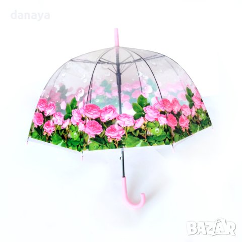 2180 Дамски чадър за дъжд прозрачен с принт на цветя 80см диаметър, снимка 7 - Други - 43177686