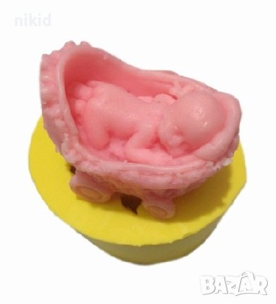 3D бебе в бебешка количка силиконов молд форма калъп фондан гипс шоколад свещ сапун, снимка 1 - Форми - 36817377