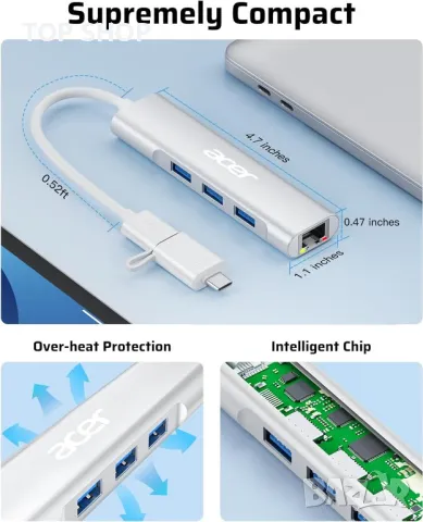 Acer USB C към Ethernet адаптер,USB-A/C хъб с 3 USB-A 3.1 и 1Gbps RJ45, снимка 3 - Кабели и адаптери - 49423089
