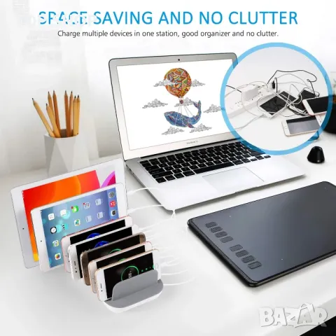 7 USB станция за зареждане за активирана електроника със 7 бр. къси кабели, настолно зарядно устройс, снимка 3 - Оригинални зарядни - 48901497