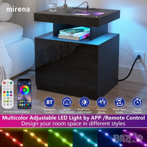 Нощно шкафче лед LED 2 контакта, 2 USB портове, модерно нощно шкафче