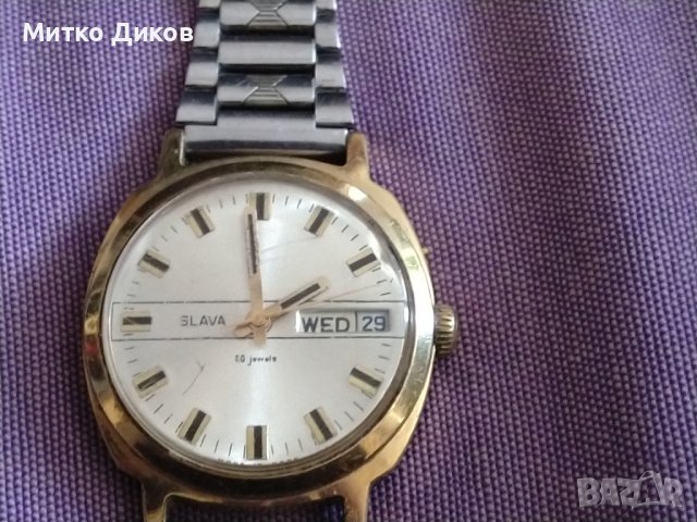 Часовник Slava Слава СССР златно покритие 10 Au 25 jewels камъка датник от соца автоматичен работи, снимка 2 - Мъжки - 39921060